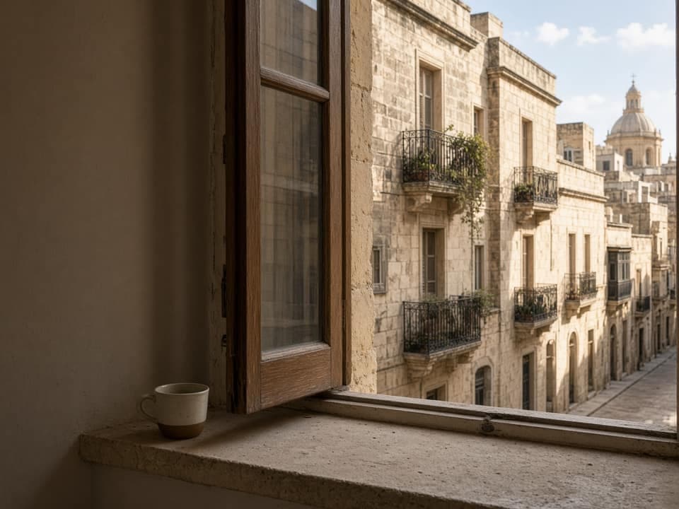 A view from an apartment window onto limestone buildings in Malta
