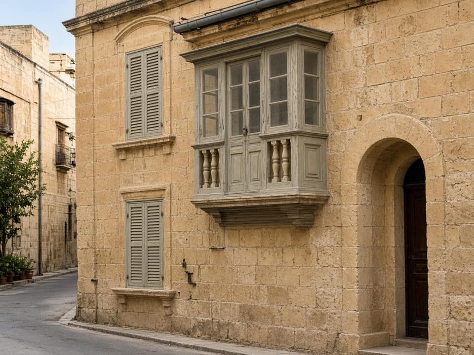 A limestone townhouse with a traditional enclosed balcony in Malta