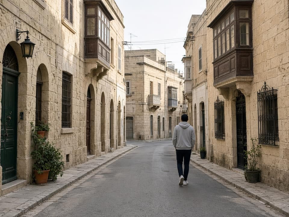 A person walking down a limestone residential street in Malta