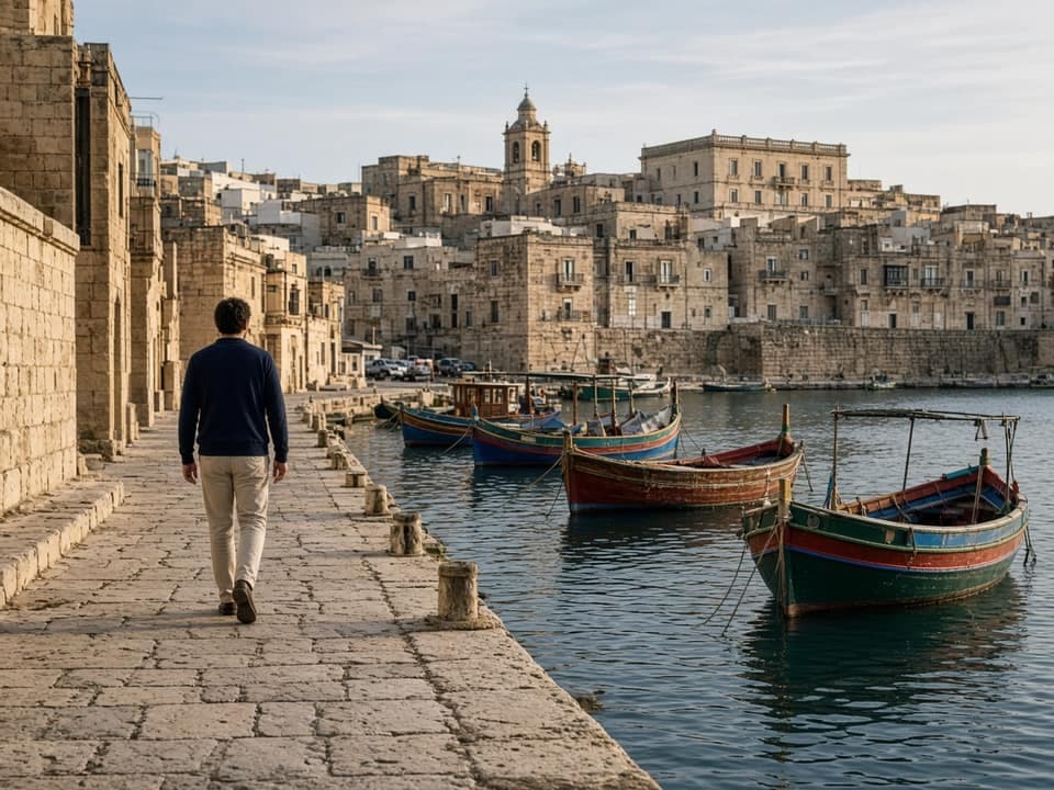 A person walking along a stone harbour promenade in Malta